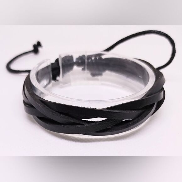 Men's leather bracelet layered black new e36 - Picture 1 of 1